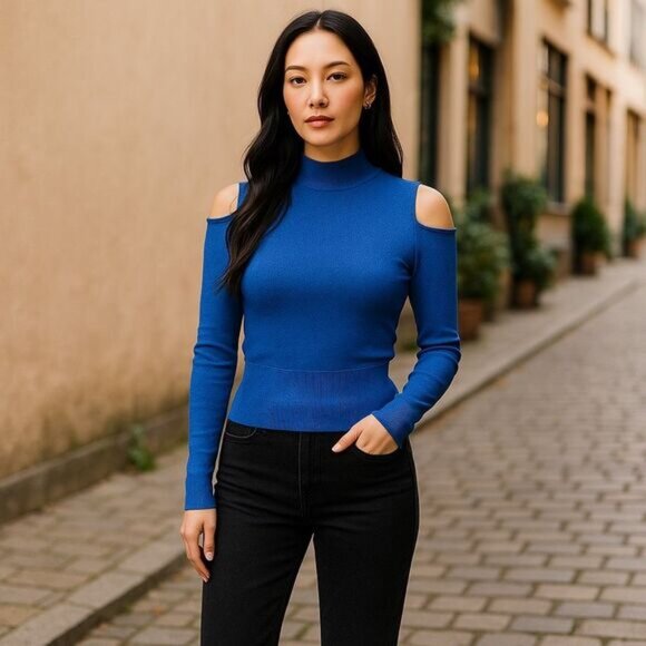 Bebe Royal Blue Sparkle Cold Shoulder Long Sleeve Top Medium - Picture 1 of 7